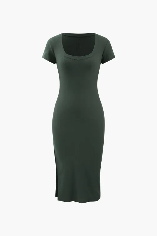 Solid Short Sleeve Slit Midi Dress sold by Micas