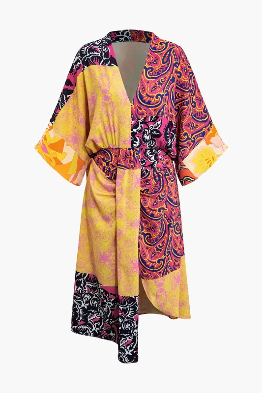 Contrast Floral Print V-Neck Asymmetrical Ruched Short Sleeve Midi Dress sold by Micas