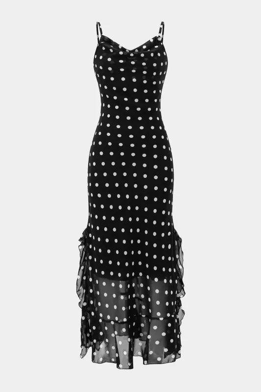 Chiffon Polka Dots Print Backless Sleeveless Maxi Dress With Scarf made by Micas