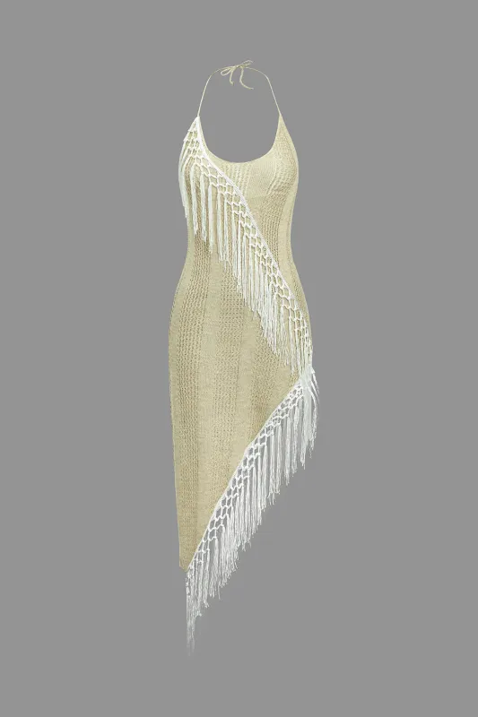 Halter Neck Fringe Backless Asymmetrical Sleeveless Maxi Dress sold by Micas