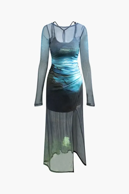 Mesh Contrast Print Asymmetrical Ruched Slit Long Sleeve Midi Dress sold by Micas