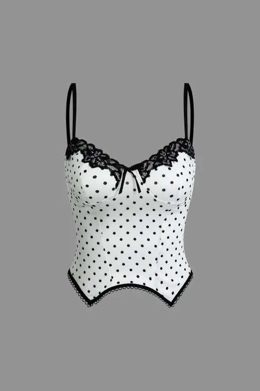 Lace Trim Polka Dots Print Asymmetrical Cami Top sold by Micas