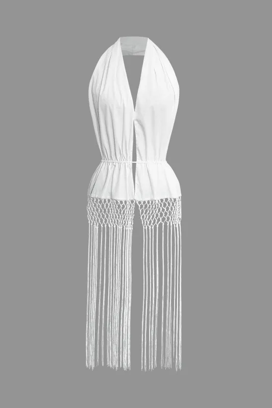 Halter Neck Tie Up Fringe Hem Backless Tank Top sold by Micas