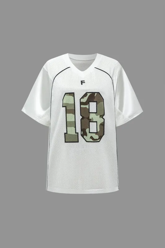 Contrast Letter Camo Print Round Neck Short Sleeve T-Shirt sold by Micas