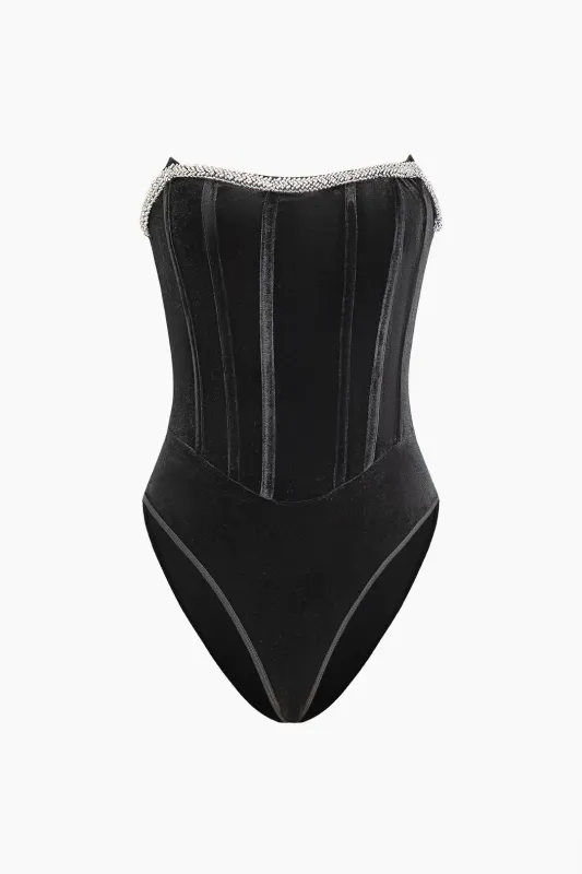 Velvet Rhinestone Decor Strapless Sleeveless Bodysuit sold by Micas
