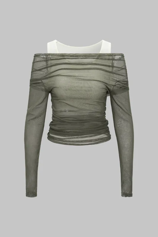 Off Shoulder Contrast Ruched Long-Sleeve Top sold by Micas