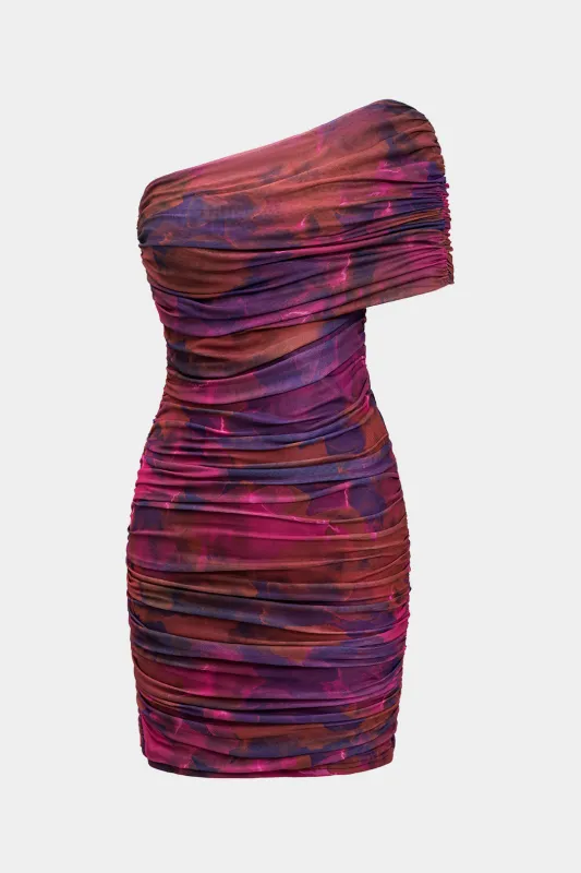 Tie Dye Floral Print Single Shoulder Ruched Sleeveless Mini Dress sold by Micas