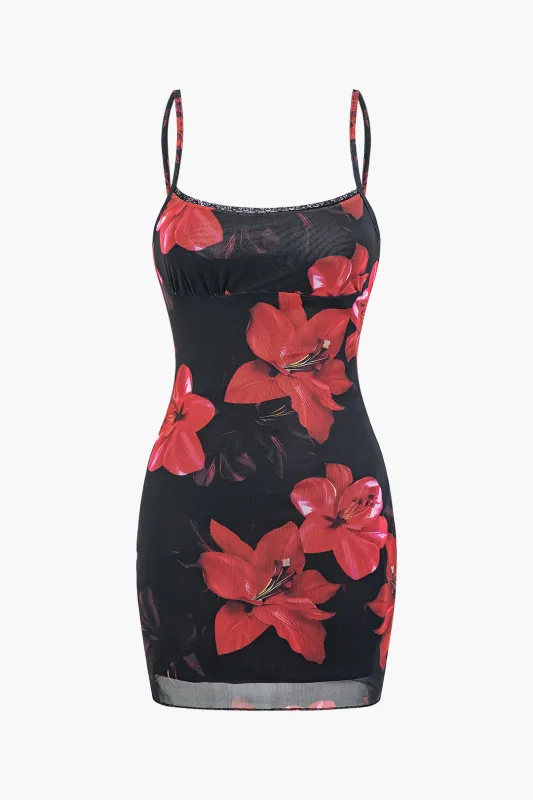 Mesh Lace Trim Floral Print Slip Sleeveless Mini Dress sold by Micas