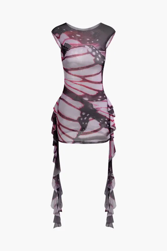 Mesh Abstract Butterfly Print Ruffle Sleeveless Mini Dress sold by Micas