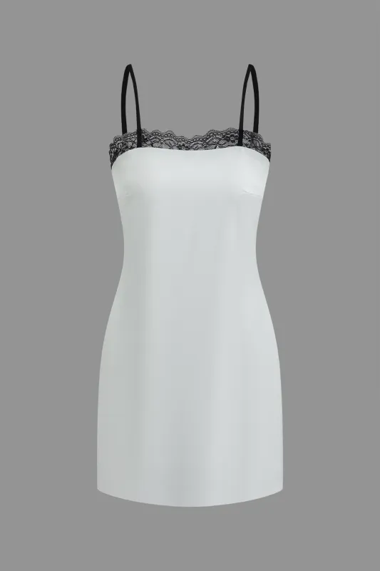 Satin Lace Trim Patchwork Sleeveless Mini Dress sold by Micas