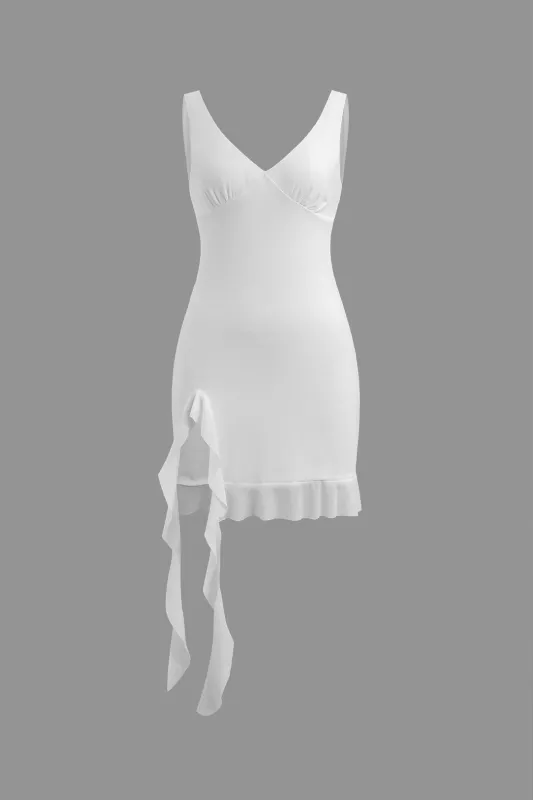 3D Flower Decor V-Neck Ruffle Hem Slit Sleeveless Mini Dress sold by Micas