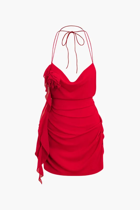 3D Flower Decor Halter Neck Tie Up Backless Asymmetrical Ruched Mini Dress sold by Micas