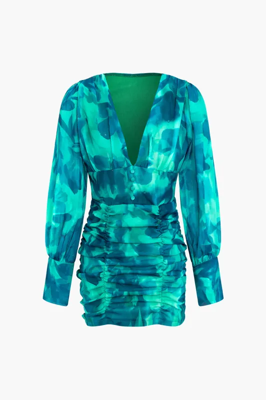 Abstract Print  V-Neck Ruched Long Sleeve Mini Dress made by Micas