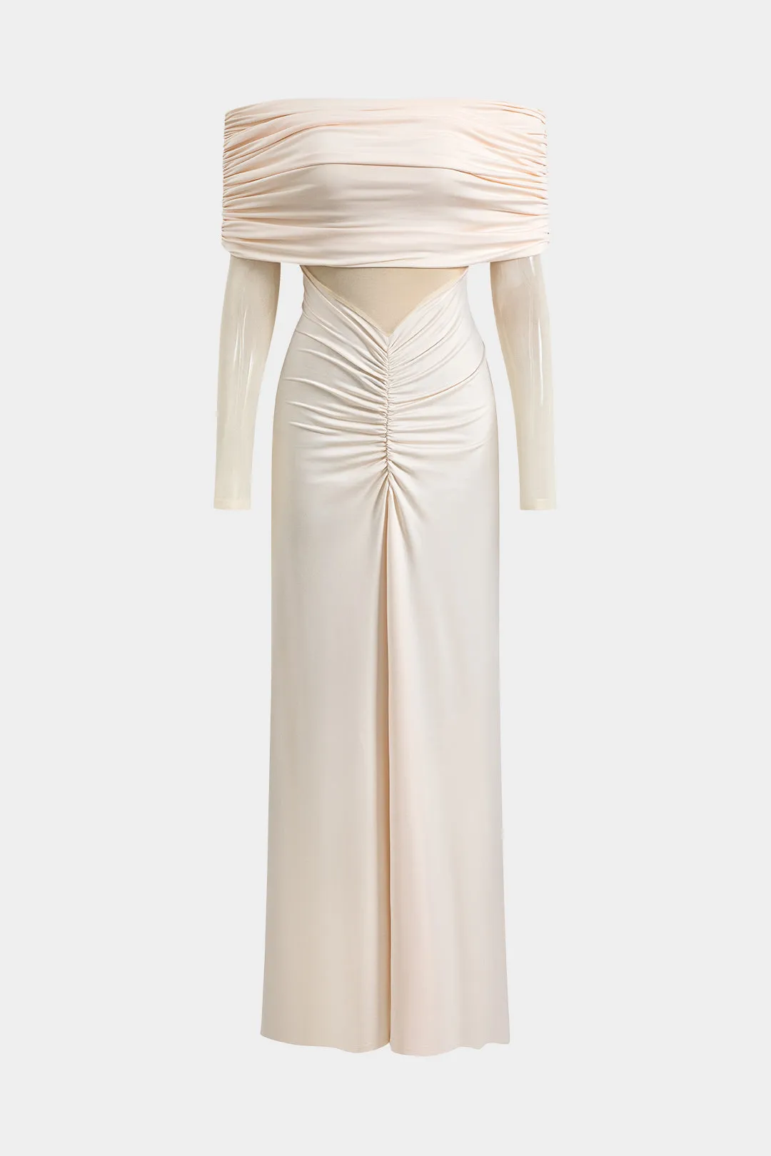 Mesh Off Shoulder Ruched Long Sleeve Maxi Dress sold by Micas
