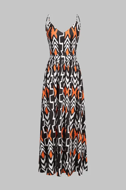 Abstract Geometric Print V-Neck Backless Sleeveless Maxi Dress sold by Micas