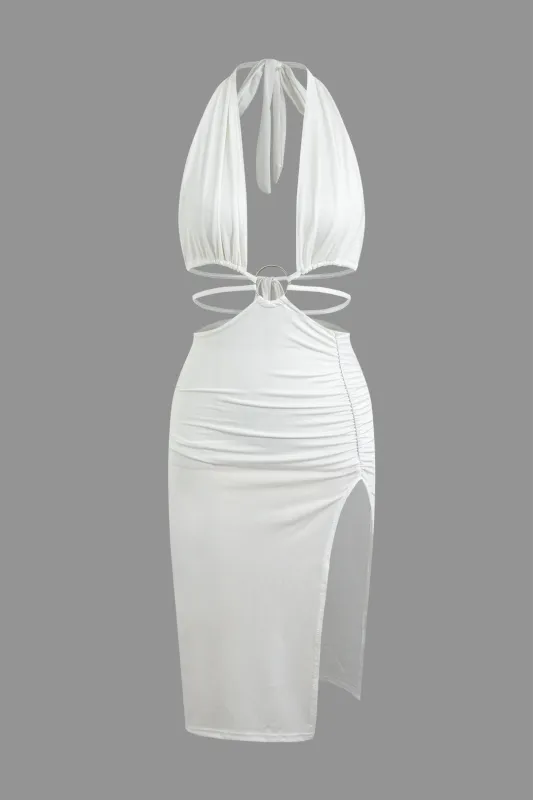 Halter Neck Tie Up Asymmetrical Cut Out Side Slit Sleeveless Midi Dress sold by Micas