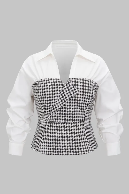 Plus Size Houndstooth Print Patchwork Ruched Long-Sleeve Shirt sold by Micas