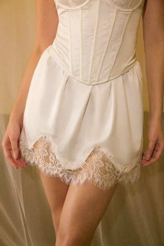 Lace Trim Satin Flared Mini Skirt sold by Micas