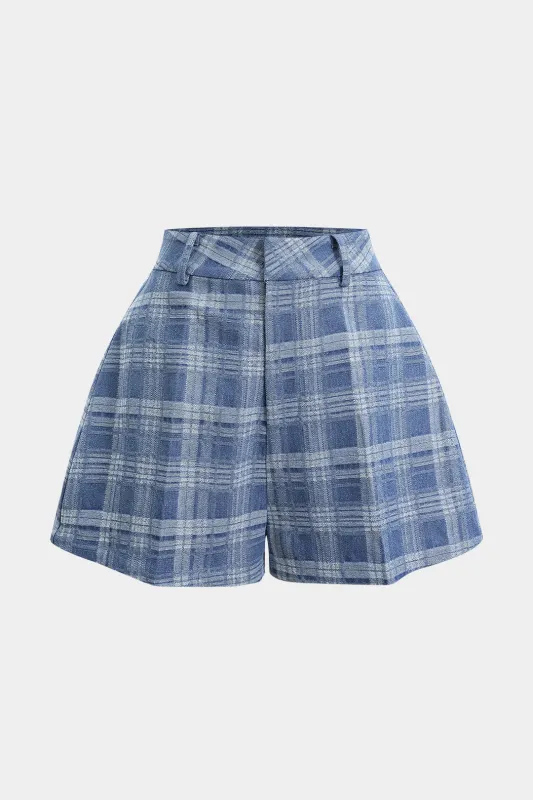 Denim Plaid Print Button Zipper Shorts made by Micas