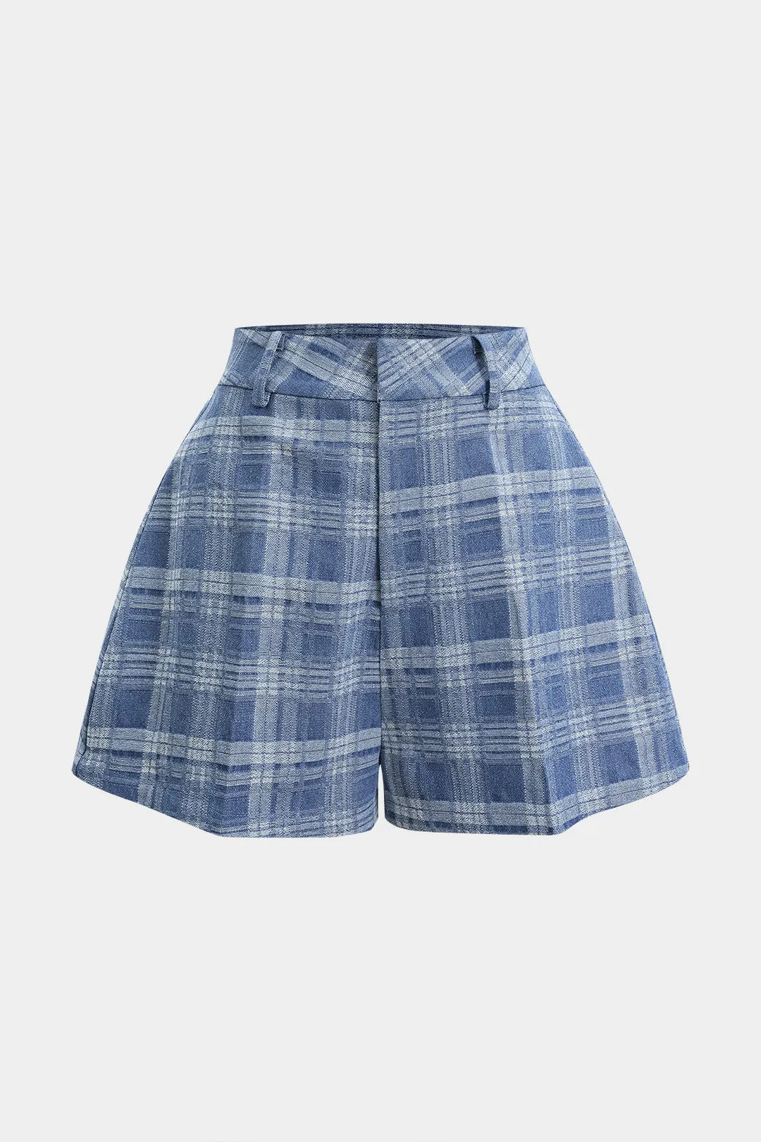 Denim Plaid Print Button Zipper Shorts sold by Micas