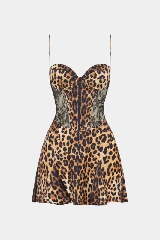 Leopard Print Satin Patchwork Mesh Sleeveless Mini Dress made by Micas