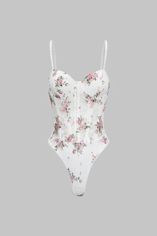 Floral Print Sheer Slip Underwire Sleeveless Bodysuit sold by Micas