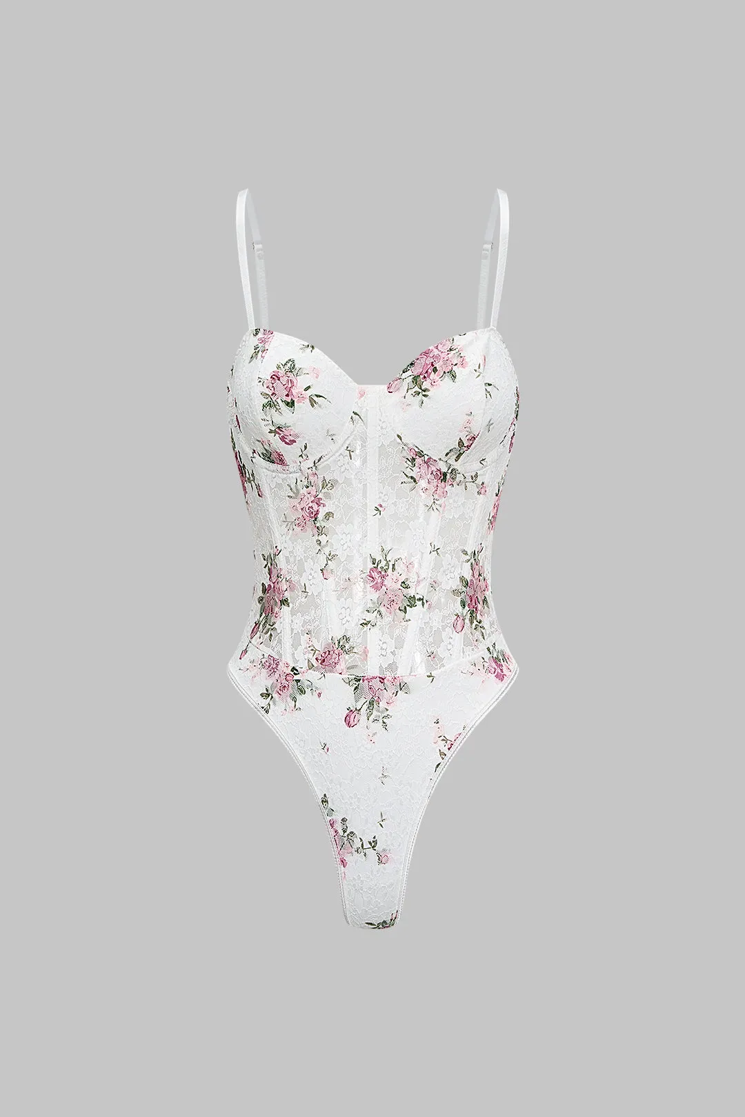 Floral Print Sheer Slip Underwire Sleeveless Bodysuit sold by Micas