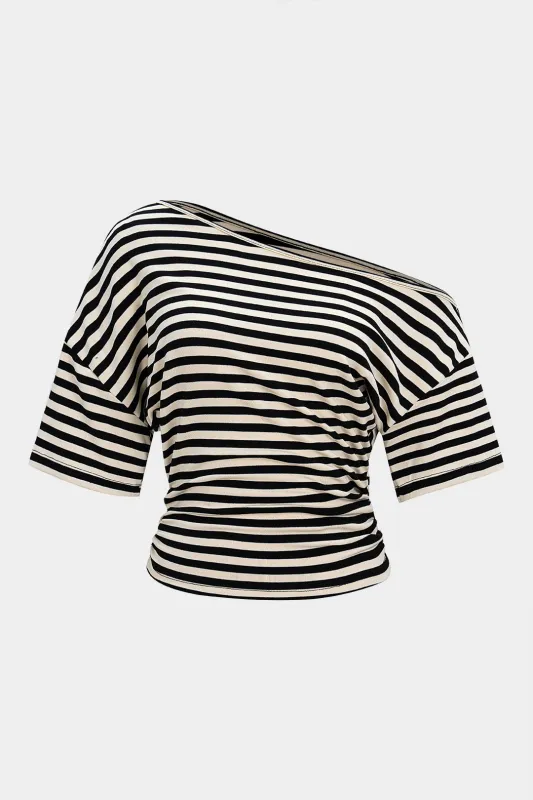 Stripes Print Waist-Cinching One Shoulder Long Sleeve T-Shirt sold by Micas