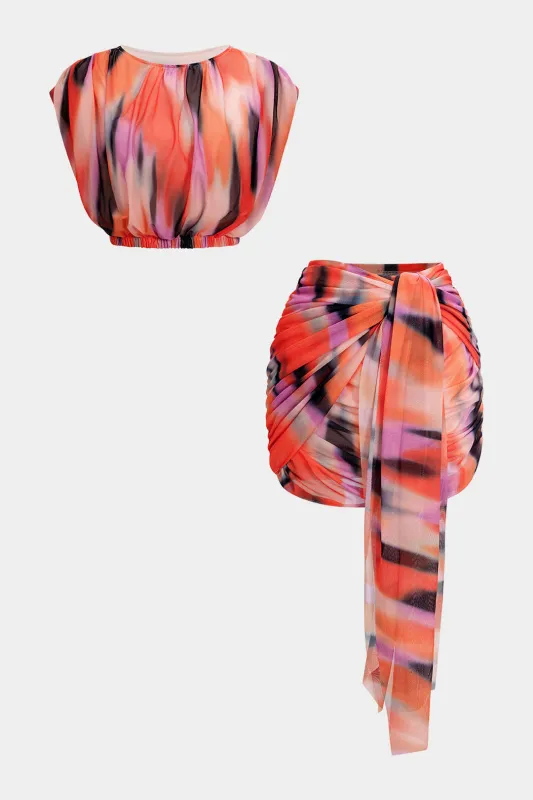 Mesh Ombre Contrast Print Round Neck Short-Sleeve Top And Ruched Tie-Up Mini Skirt Set sold by Micas