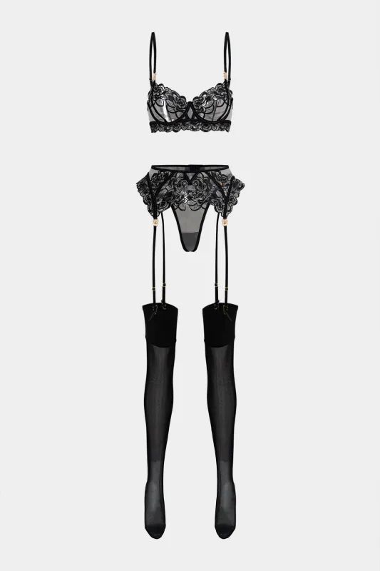 Embroidery Sheer Lingerie Garter Set sold by Micas