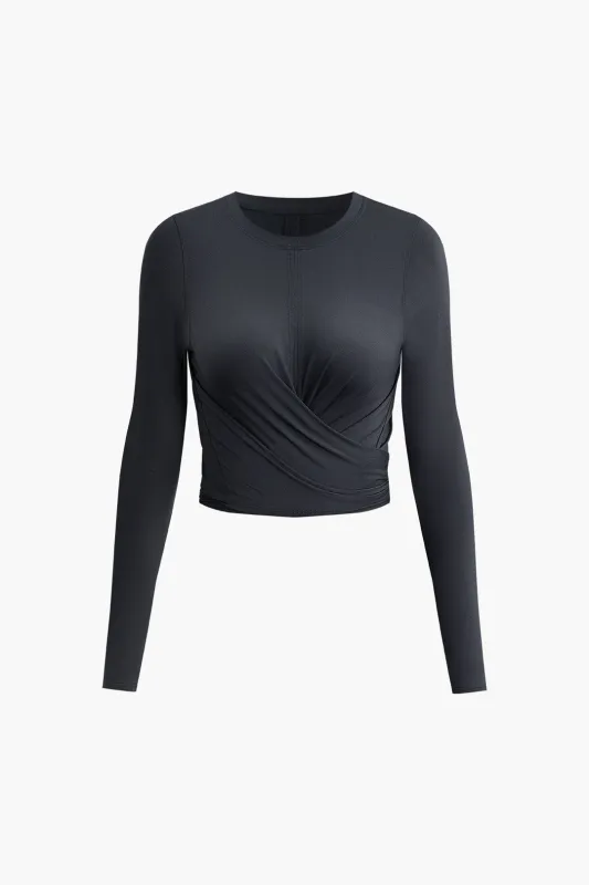 Ruched Crossed Tie Up Long-Sleeve Sports Top sold by Micas