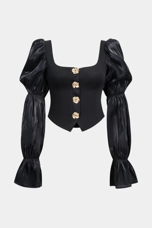 Satin Patchwork Metallic Button Long-Sleeve Shirt sold by Micas