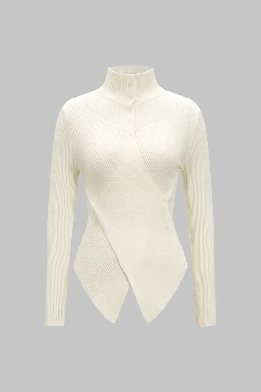 Knit Stand Collar Irregular Button Long-Sleeve Top sold by Micas