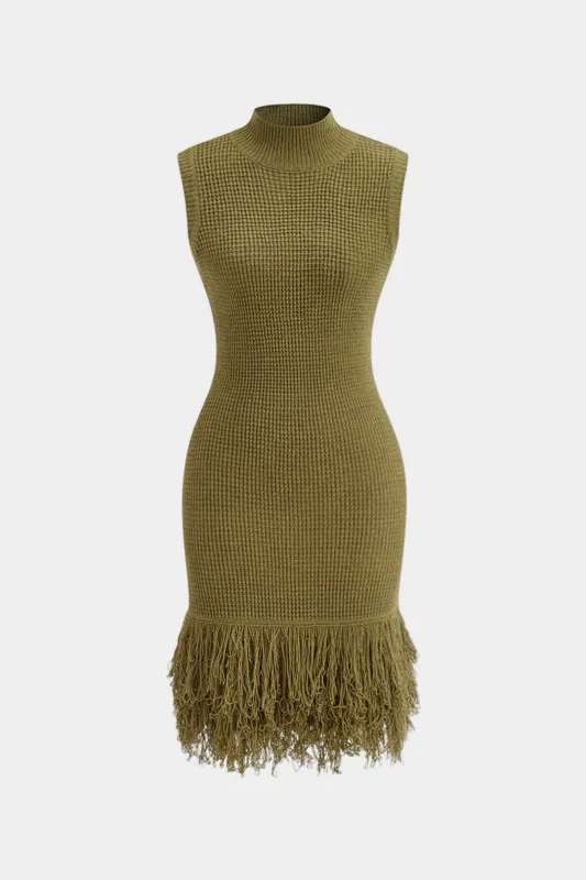 Knit Mock Neck Fringe Trim Sleeveless Dress sold by Micas