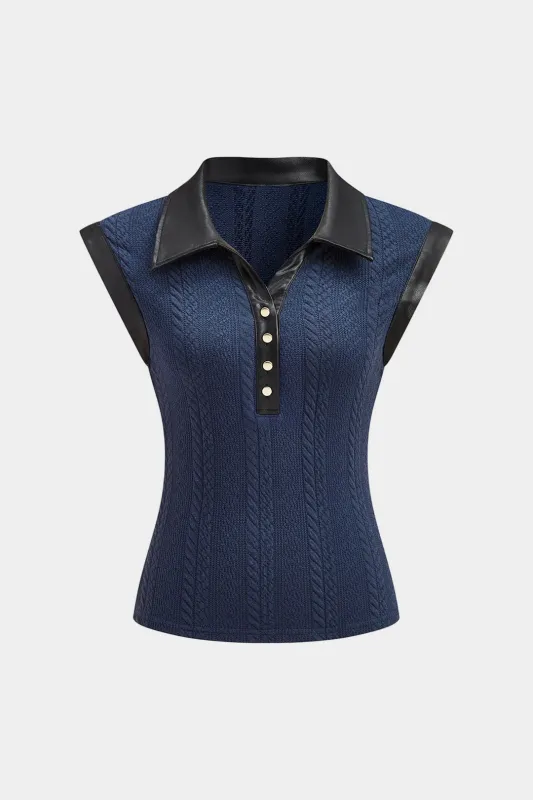 Faux Leather Patchwork Short Sleeve T-Shirt sold by Micas