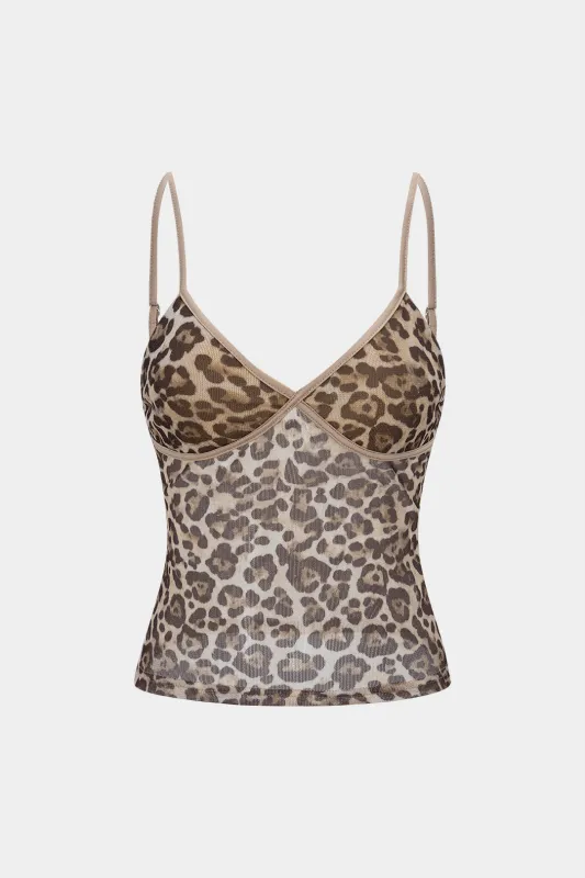 Leopard Print Mesh Backless V-Neck Slip Cami Top made by Micas