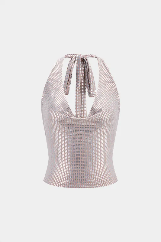 Geometric Print Halter Draped Cowl Neck Tie-Up Backless Cami Top sold by Micas