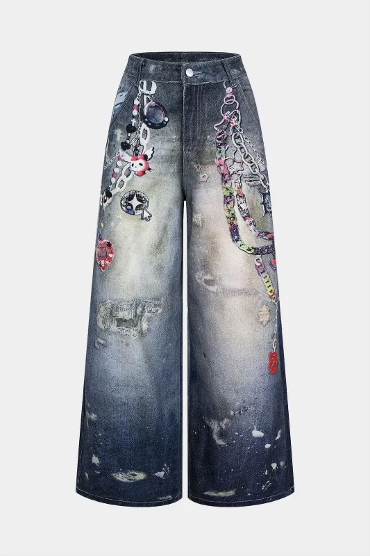 Denim Graffiti Print High Waist Wide Leg Jeans sold by Micas