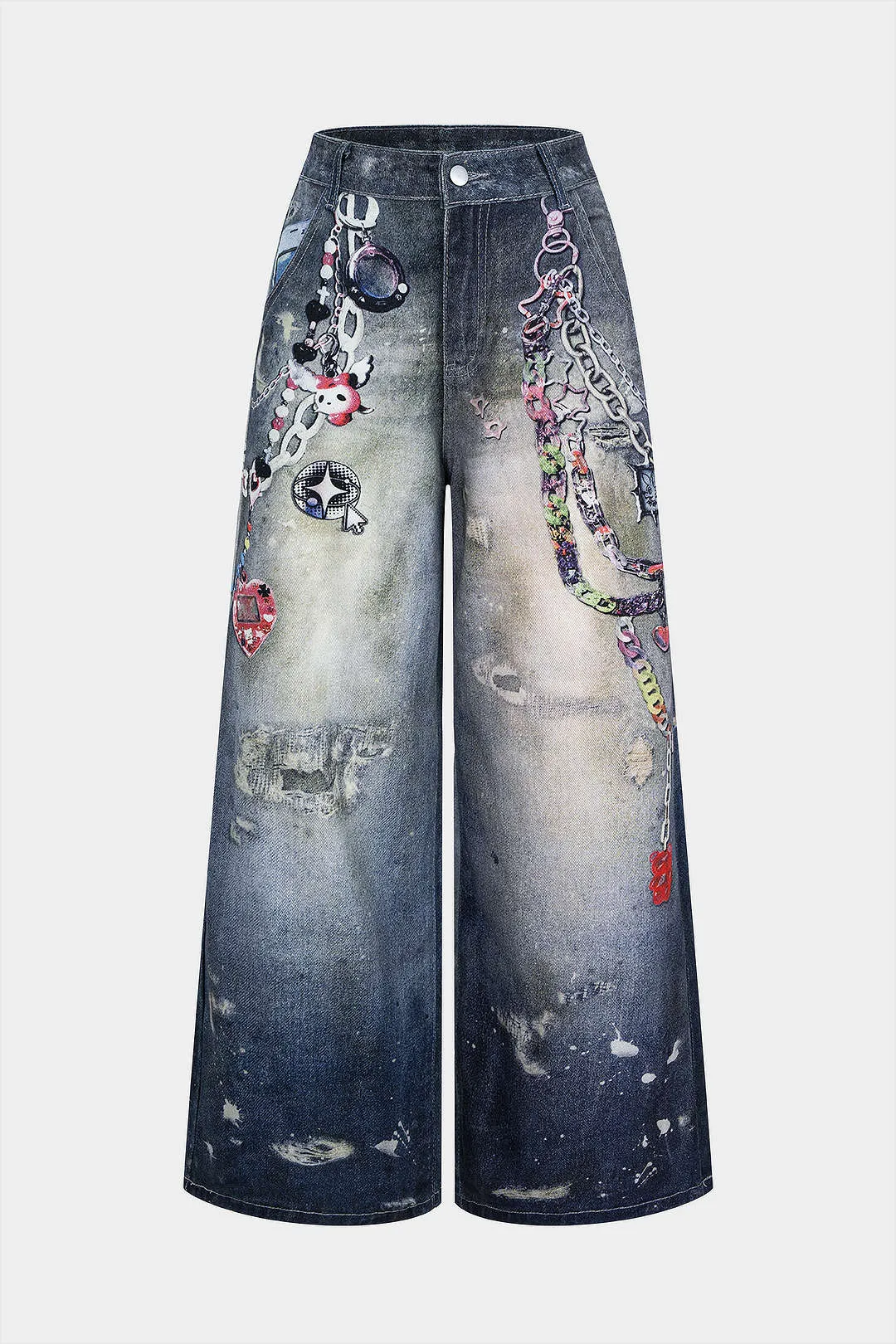 Denim Graffiti Print High Waist Wide Leg Jeans sold by Micas