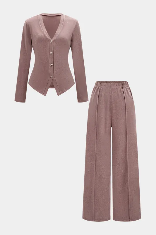 Metallic Button Long-Sleeve Outerwear And Wide Leg Pants Set sold by Micas