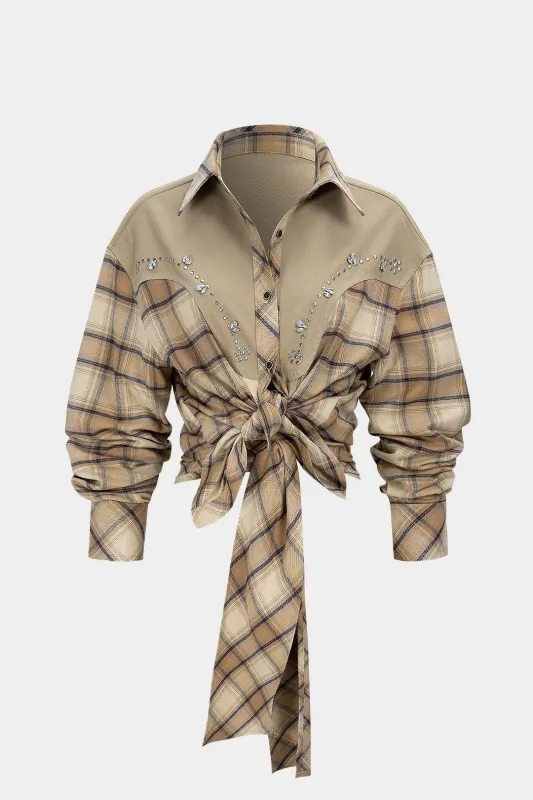 Plaid Print Rhinestone Decor Tie-Front Regular Long-Sleeve Shirt made by Micas