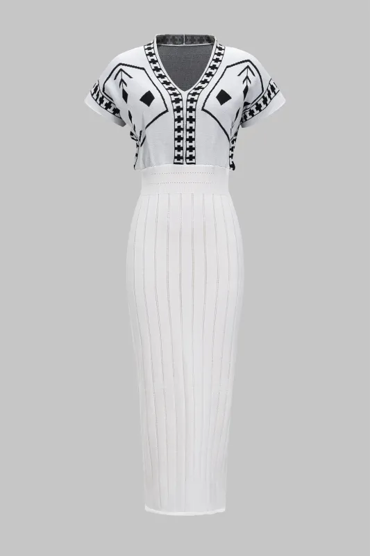 Knit Jacquard V-Neck Short-Sleeve Dress sold by Micas