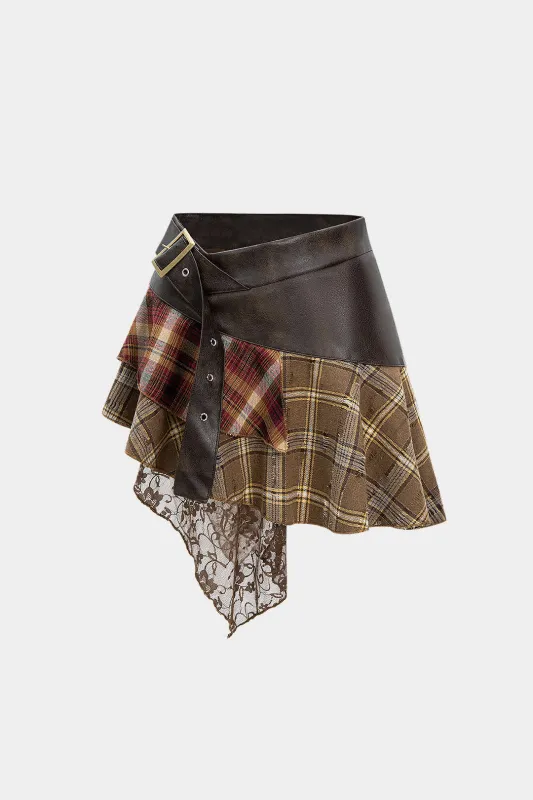 Plaid Print Faux Leather Patchwork Ruched Skirt sold by Micas