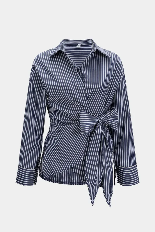 Stripes Print Tie-Up Irregular Long-Sleeve Shirt sold by Micas