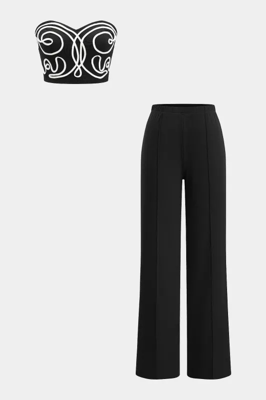 Line Applique Tube Top And Solid Straight Leg Pants Set sold by Micas