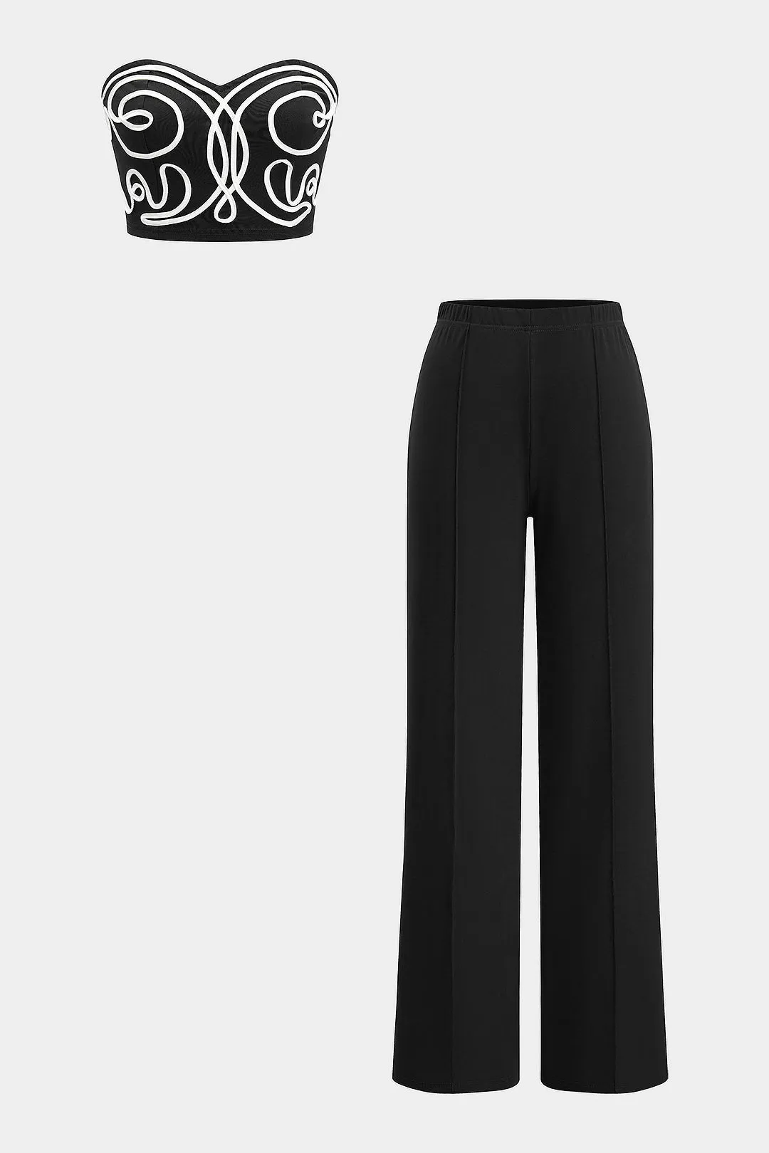 Line Applique Tube Top And Solid Straight Leg Pants Set sold by Micas