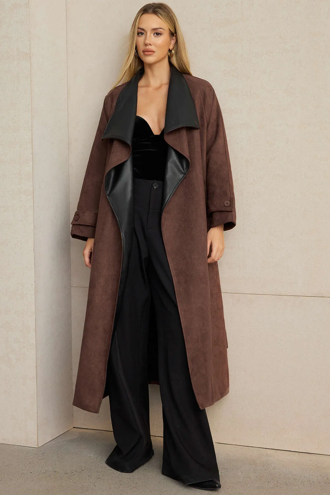 Faux Leather Suede Patchwork Tie-Up Coat sold by Micas product image thumbnail 3