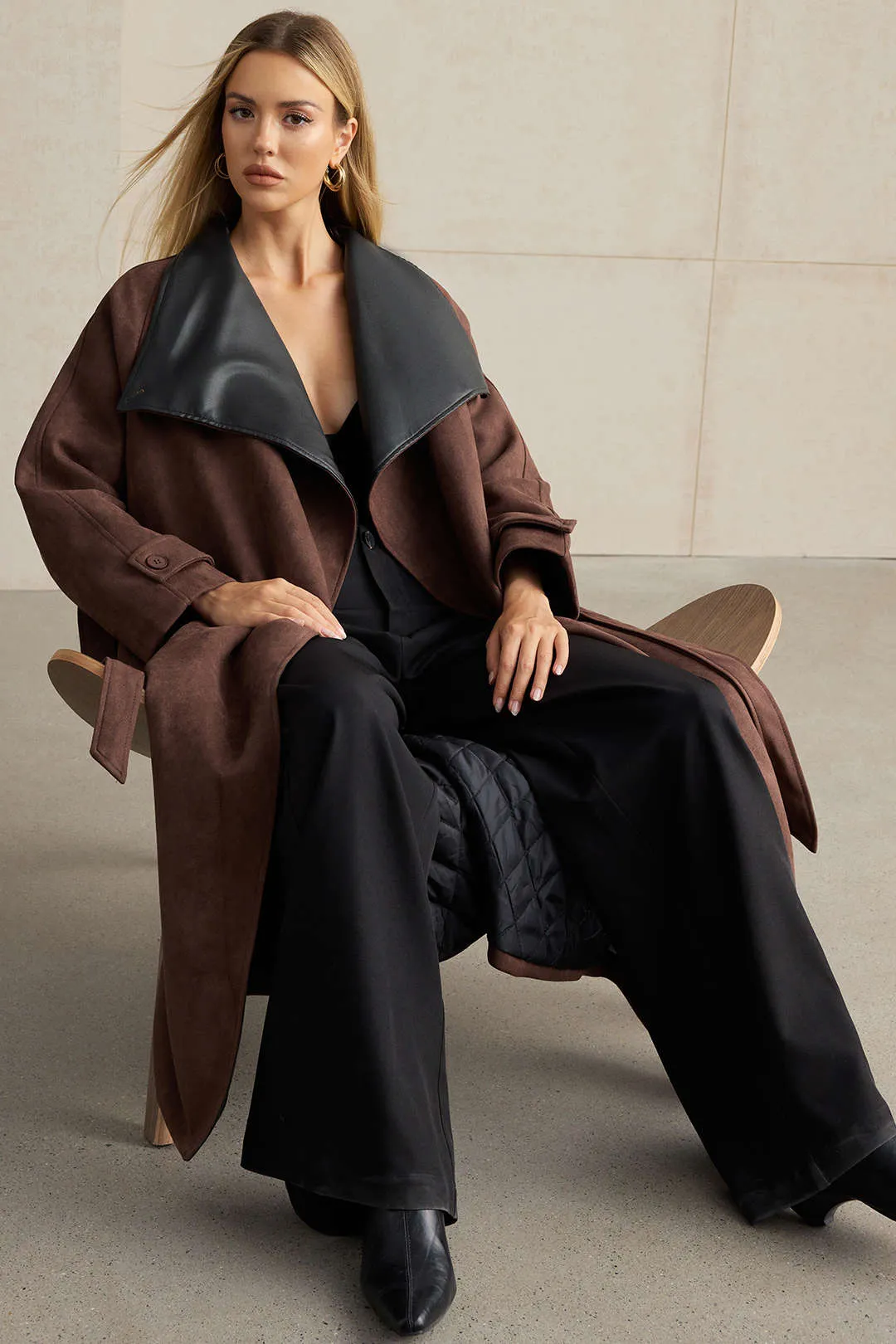 Faux Leather Suede Patchwork Tie-Up Coat sold by Micas product image thumbnail 2