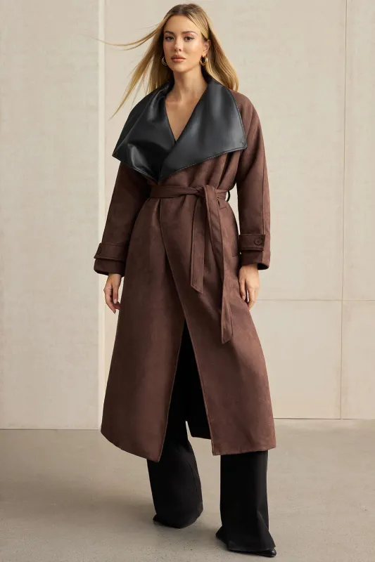 Faux Leather Suede Patchwork Tie-Up Coat sold by Micas