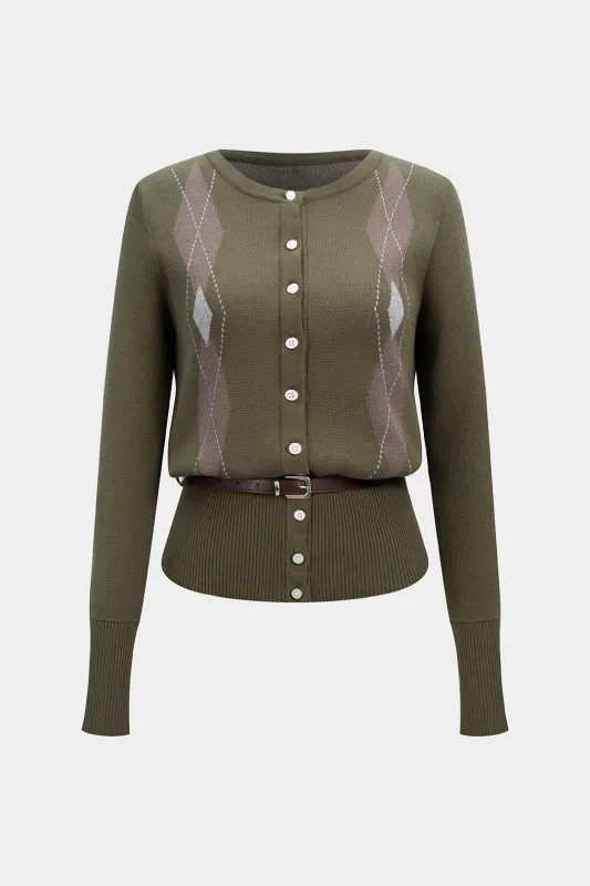 Knit Diamond Print Round Neck Button Belted Top sold by Micas